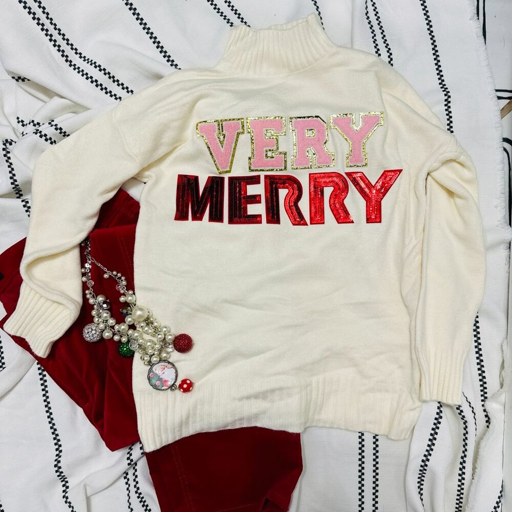 Super Soft Cream Color Mock Neck Sweater Christmas Red Pink Very Merry